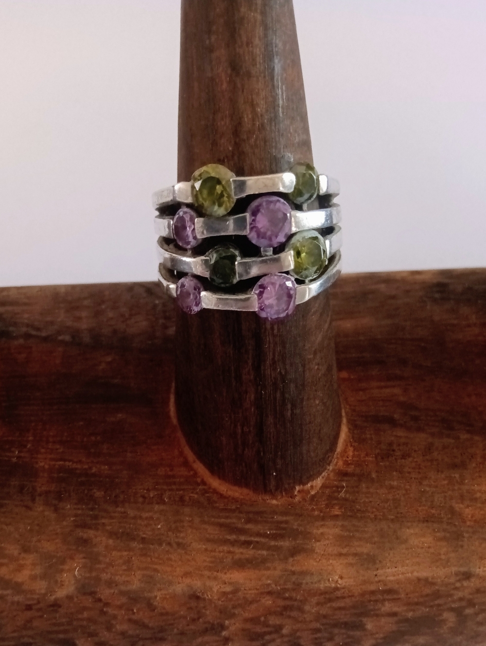 Sterling Silver 925 Multi -Band Bezel-Set Green Peridot & Purple Amethyst Stones
